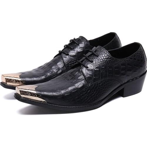 Spring summer high heels black genuine leather mens pointed toe dress shoes metal tip classic oxford shoes for men wedding