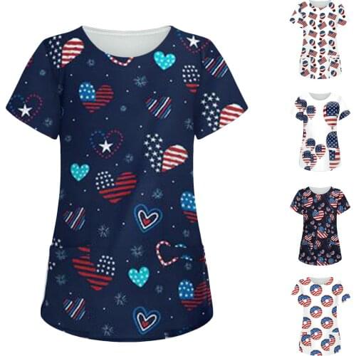 Scrubs Women Uniform Woman Short Sleeve Tops Nursing Working Uniform Independence Day Printed Pocket Blouse медицинская форма q5