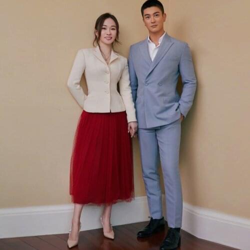 Runway Designer New WomenS Sets White Lapel Blazer Tops And Polka Dots Mesh Red Skirt Fashion Party Elegant Two-Piece Suit