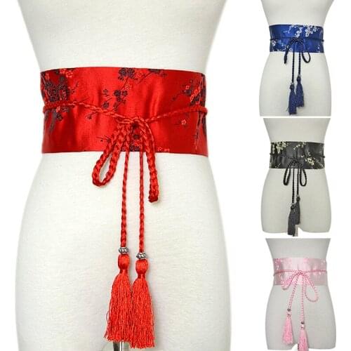 Japanese Retro Tassel Kimono Belt Women Wide Corset Cummerbunds Fashion Floral Printed Yukata Sash Tie Ethnic Style Dress Belt