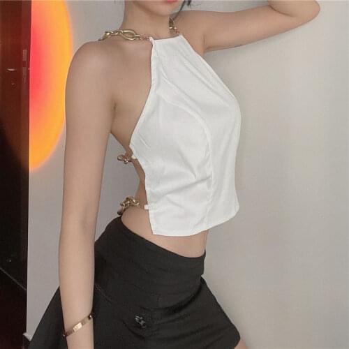 Women T-shirt Sex Chain Hollow Out Short Y2K Tops Sleeveless O-neck Open Back T-shirt