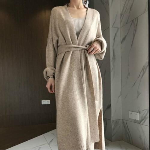 2020 Women Autumn Winter Long Wool Sweater Sashes Open Stitch Batwing Sleeve Knitted Cardigan Coat Split Hem Jacket