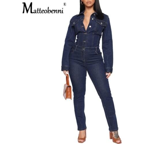 Fashion Blue High Waist Denim Jumpsuit 2021 Autumn Women Single-Breasted Long Sleeve Pencil Casual Sexy Streetwear Denim Rompers