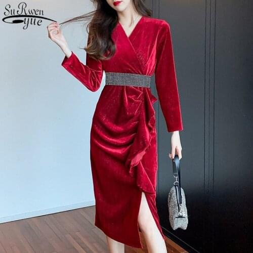 French Style Dress Temperament Red Bright Velvet Dress Female Autumn and Winter Thin Ruffled Dress Women with Belt 12556