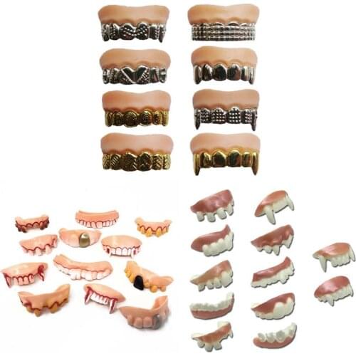 12pcs/set Halloween Party Prank Toys Simulation Rotten Teeth Vampire Denture Masquerade Cosplay Fake Teeth Trick Props