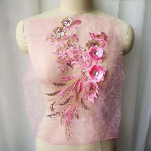 Light Pink Sequins 3D Flowers Tassel Lace Trims Rhinestone Mesh Sew On Patches Embroidery For Wedding Appliques Decoration DIY