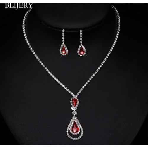 BLIJERY Elegant Red Crystal Bridal Jewelry Sets Diamante Rhinestone Necklace Earrings for Women Prom Wedding Jewelry Sets