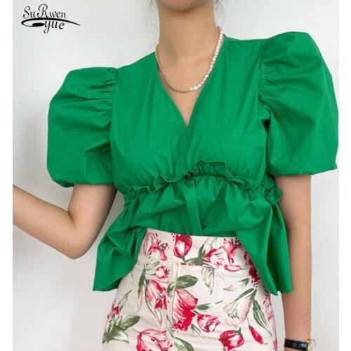 Puff Short Sleeve Summer Women Blouse 2021 Korean Casual V Neck Pleated Female Shirts Ruffles Loose Vintage Ladies Tops 15579