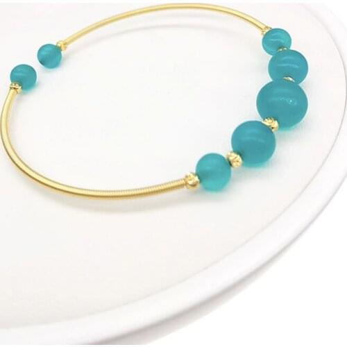 18.5cm 24K Gold Round Gemstone Amazonite Handmade Twisted Cable Bangle Bracelet Jewelry Blue Crystal Unique Gift Luck