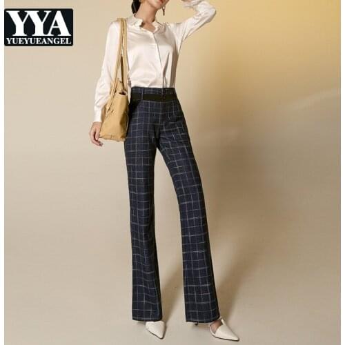 Spring Autumn New Women Plaid Spliced Flare Pants Fashion Vintage High Waist Wide Leg Trousers Elegant Office Lady Buttons Pants