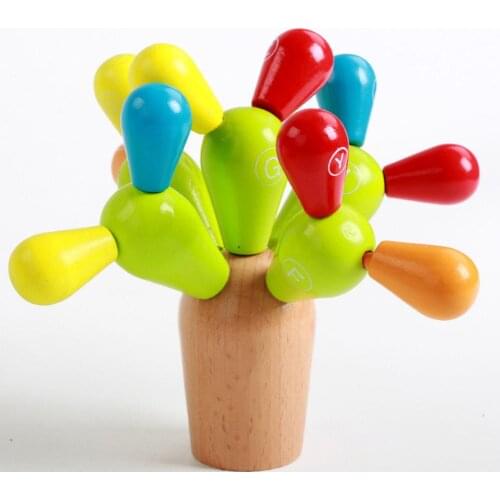 Wooden Educational Montessori Balancing Cactus Toy Stacking Rainbow Puzzles
