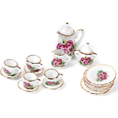 FBIL-15 pieces Porcelain tea set Dollhouse miniature foods Chinese rose dishes cup