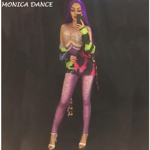 Purple Crystals Printed Snake Jumpsuit Party Stage Wear Sexy Rompers Costume Womens Performance Party Celebrate Bodysuit Outfit