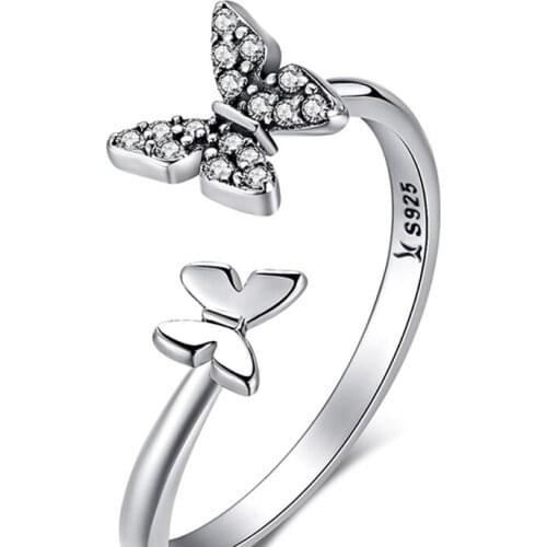Hot Sale 925 Sterling Silver Dazzling CZ Butterfly Open Finger Ring for Women Fashion Sterling Silver Jewelry Gift SCR087