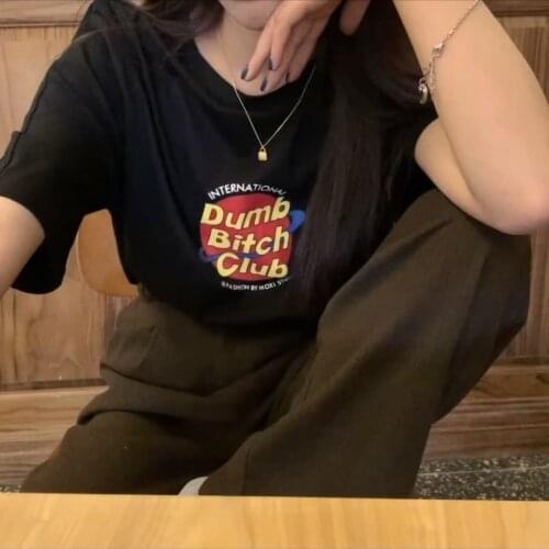 Summer mid-length round neck short-sleeved T-shirt letter printing loose all-match shirt T-shirt college style