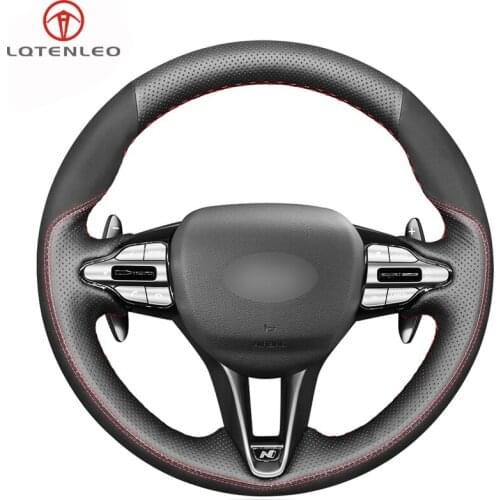 LQTENLEO Black Genuine Leather Suede Car Steering Wheel Cover For Hyundai Veloster N 2019 2020 2021 i30 N 2018 2019 2020