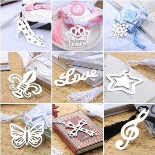 Metal Bookmark with Tassel Book Markers Wedding Souvenirs Baby Shower Party Favors with Gifts Box Packaging 23 Designs