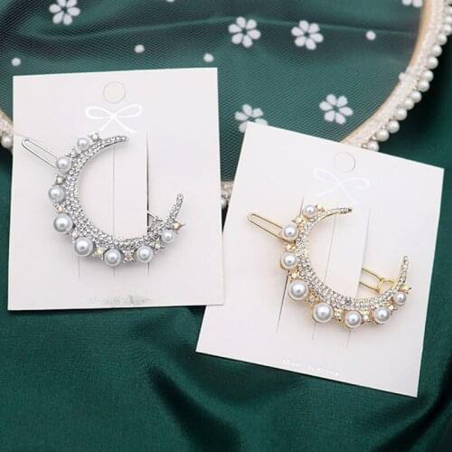 Fashion Simulated Pearl Moon Hairpins For Women Jewelry Korean Sweet Rhinestone Barrette Girl Wedding Hair Accessories Hairgrips