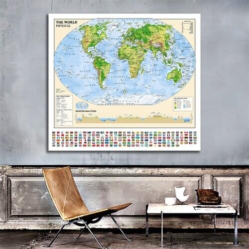 Non-woven Printing World Map With Flag 90x90cm Regular World Map For Education