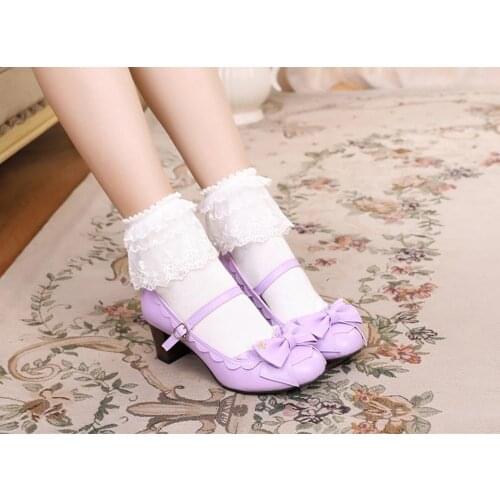 Lolita shoes sweet princess daily japanese low heel vintage lace bowknot cute kawaii shoes cosplay loli women daily shoes