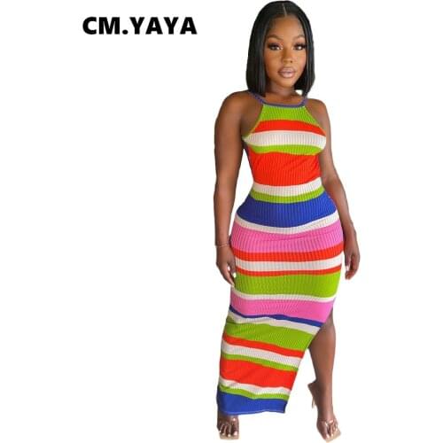 CM.YAYA Women Midi Dress Striped Sleeveless Backless Bodycon Asymmetrical Long Dresses Sexy Fashion Streetwear Summer Outfits
