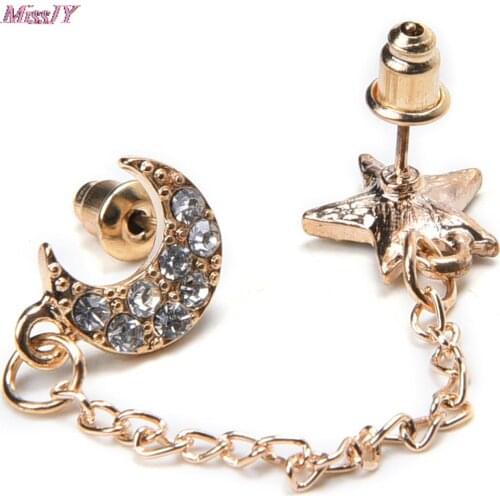 1Pc Fashion Lovely Women Rhinestone Stud Earrings Moon & Star Shape Medical Stainless Steel Crystal