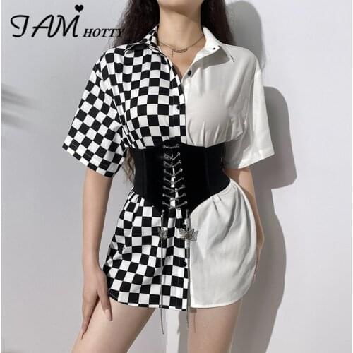 Checkerboard Plaid Patchwork Long T-shrit Women Vintage Gothic Black White Short Sleeve Corset Shirt Korean Fashion Iamhohtty