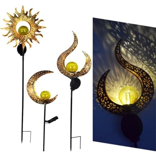 Solar LED Sun Moon Flame Light Waterproof Retro Iron Landscape Lawn Lamps Outdoor Garden Path Lighting Decor