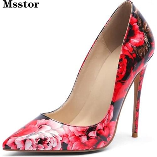 Printing Wedding Heels Party Mixed Colors Sexy Elegant Super High Heels Pointed Toe Ladies Pumps Red Patent Leather Shallow Sexy