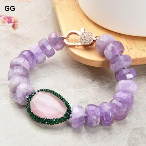 GuaiGuai Jewelry Natural Stone 8'' Rondelle Amethyst Pink Cat eye Trimmed Green Macarsite CZ Pave Connector Bracelet