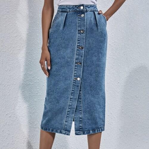 Women Single Breasted Knee Length Denim Skirt Streetwear Casual Pocket Straight Jeans Skirt