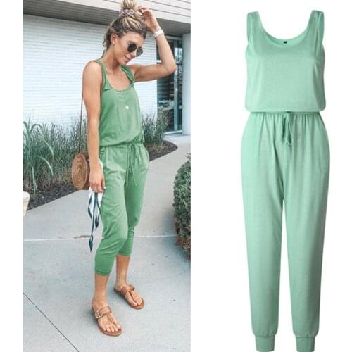2021 Sexy Sleeveless Solid Belt Jumpsuit Women Summer Casual Pocket Basic Long Romper Slim Beach Jumpsuits Trousers Overalls New