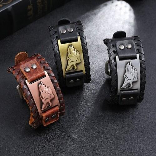 Anomokay European & American Punk Series Wolf Head Leather Strap Bracelet Vintage Handwork Braided Cow Leather Bracelet