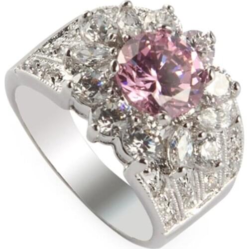 SHUNXUNZE Pink Cubic Zirconia big Noble Generous wedding rings for men and women Christmas gift Rhodium Plated R422 size 6 7 8 9