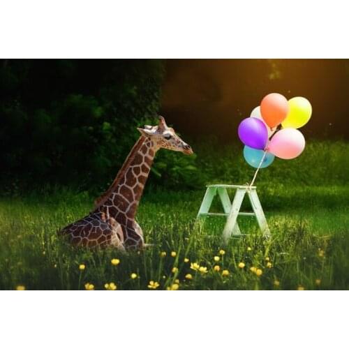 Animal Giraffe balloon green grass flower photography backgrounds Computer print children kids photo backdrop