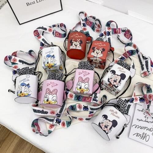 Disney Square Cylinder Bucket Children Daisy Cartoon Pattern Pink Shoulder Messenger Mobile Phone Coin Purse Drawstring Pocket