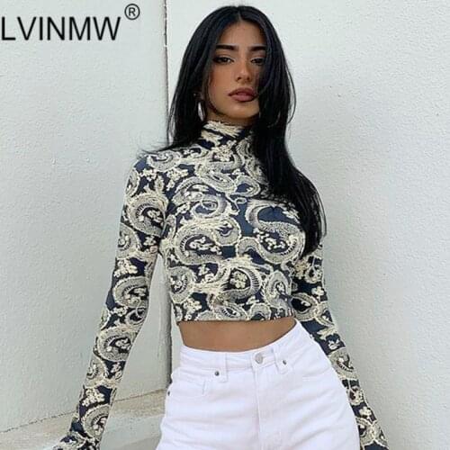 LVINMW Dragon Printed Slim Vintage Mock Neck Long Sleeve Top Women Thumb Holes Fashion Casual Cropped Tops Tees Streetwear