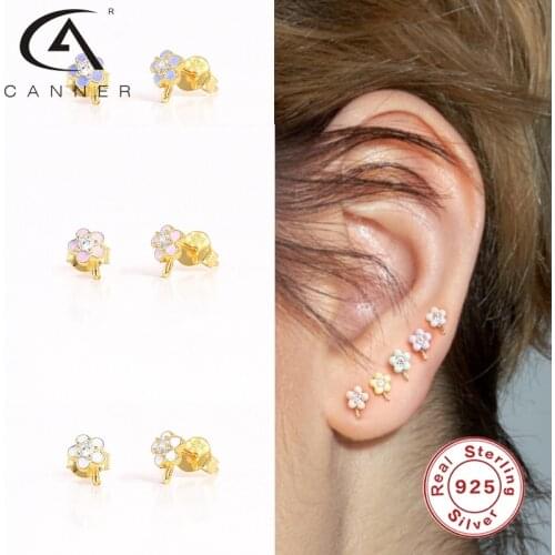 CANNER Flower Enamel Small Earrings For Women 925 Silver Jewelry Ear Bone Nail Earrings For Girls Huggie Dangle Stud Earrings