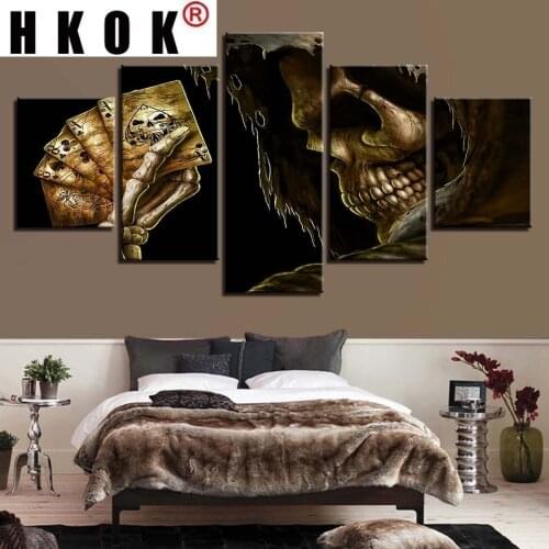 HKOK HD Modular Printed Modern Abstract Wall Art 5 Panel Skull Poster Framework Pictures Living Room Canvas Painting Home Decor