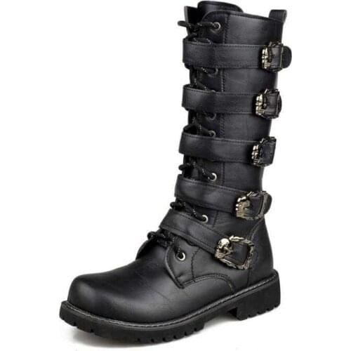 Mens Leather Motorcycle Boots Mid-calf Military Combat Boots Gothic Belt Punk Boots Men Shoes Tactical Army Boot