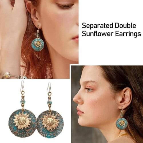 Double Sunflower Vintage Drop Dangle Earrings Ear Hook Charm Women Wedding Party Jewelry Bohemian Pendant Accessories Gifts