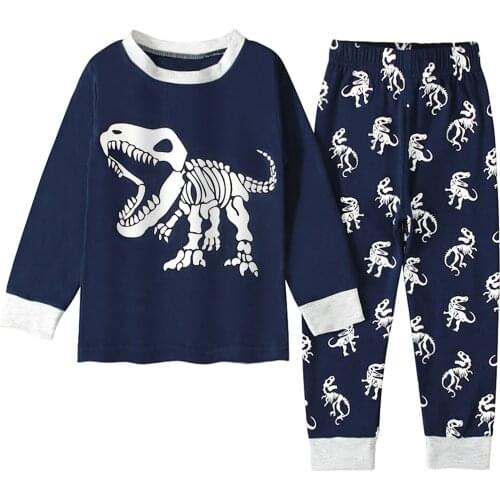 2021 Lovely Boys Casual Two-piece Pajamas Set Dinosaur Printed Pattern Round Collar Pullover and Pants For Spring Autumn 1 Years