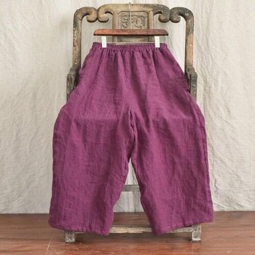 QPFJQD Ladies Elastic Waist Solid Color Plus Size Linen Pants Retro Women Plus Size Wide Leg Flax Trousers 2021 Autumn Summer