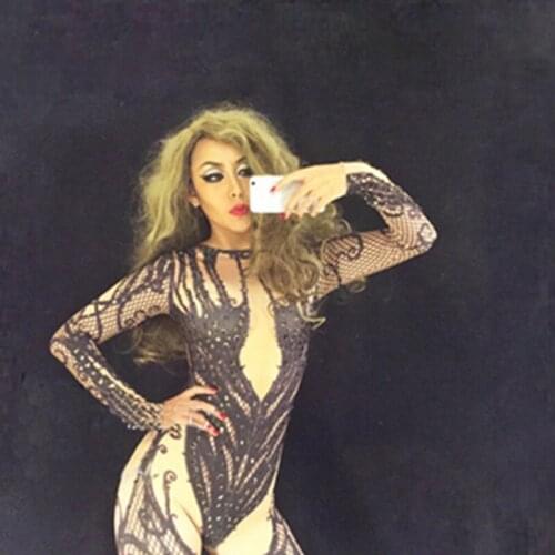 Sexy Black Nude Rhinestone Jumpsuit Sexy Nightclub Bar Wear Stones Bodysuit Leggings Prom Celebrate Outfit Performance Costumes