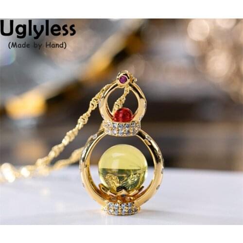 Uglyless Like a Globe Natural Amber Beeswax Balls Necklaces for Women Transparent Gemstones Pendants + Chain Crystals 925 Silver