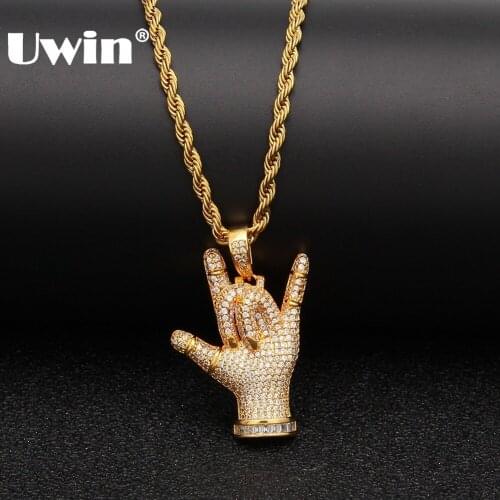 Uwin Hiphop CZ Jewelry Rock and Roll Sign Pendant & Necklace Full Micro Pave Iced Out Cubic Zirconia With Free Chain