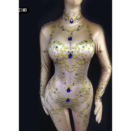 Skinny Gold Rhinestone jumpsuit sexy Singer Dancer Costume One-piece Bodysuit Nightclub Women Oufit Party Nude jumpsuit fashion