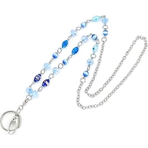 Womens Fashion Blue Beads Lanyards with ID Holder Name Holder Clip Lanyard Chain Keys ID Name Badge Card Holder