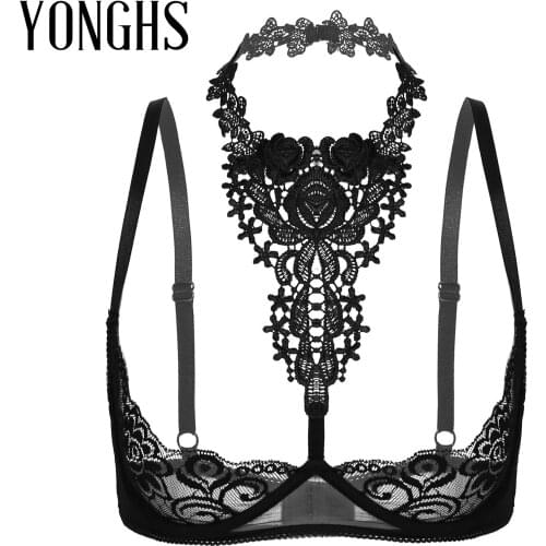 Ladies Sexy Hot Bra Erotic Lingerie Womens Floral Lace Underwired Unlined Bra Tops Halter Neck Bare Breast Underwear for Sex