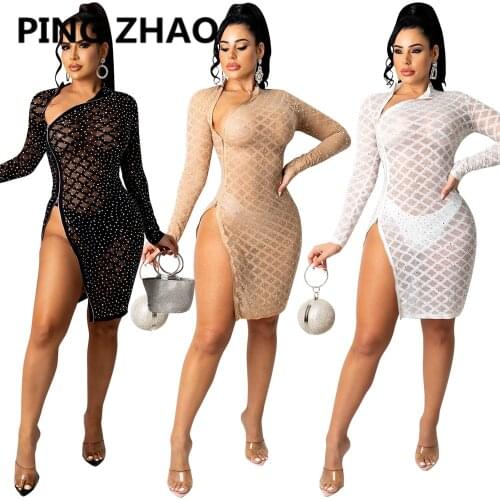 PING ZHAO Women Mini Dress Solid Mesh See-through Diamonds Full Sleeve Zip Stretchy Bodycon Split Dresses Sexy Vestidos